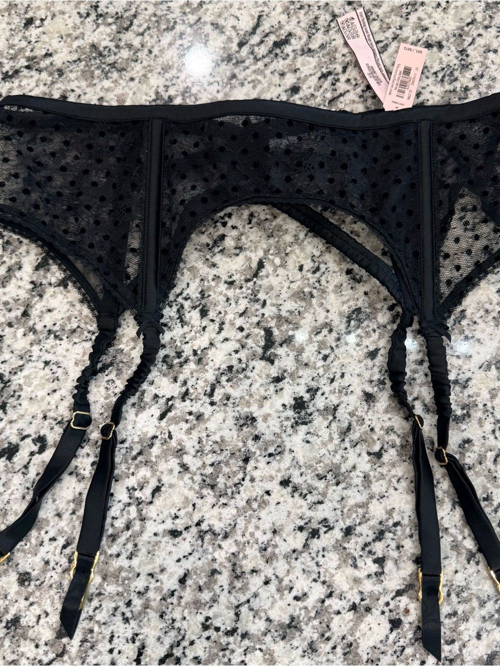 Victoria's Secret Black Lace Garter Belt with Pink Tags NWT M/L